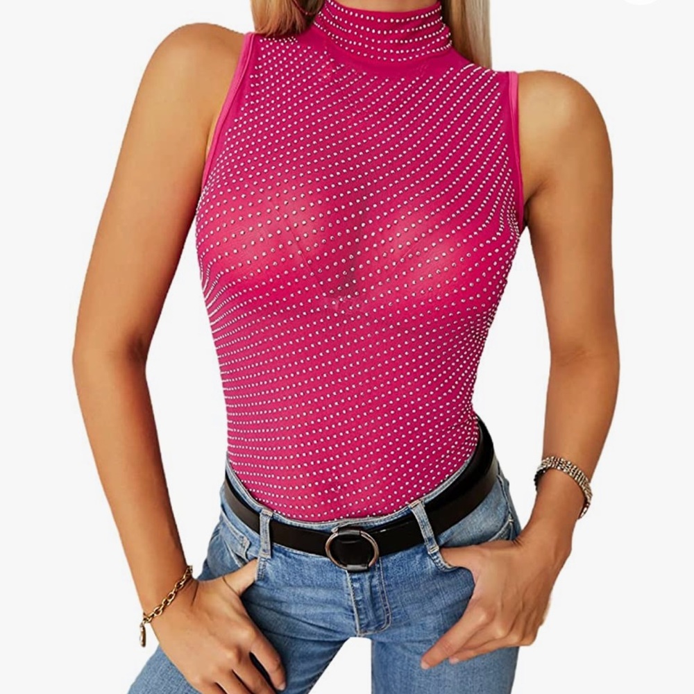 New- Barbie Pink mesh rhinestone bodysuit.